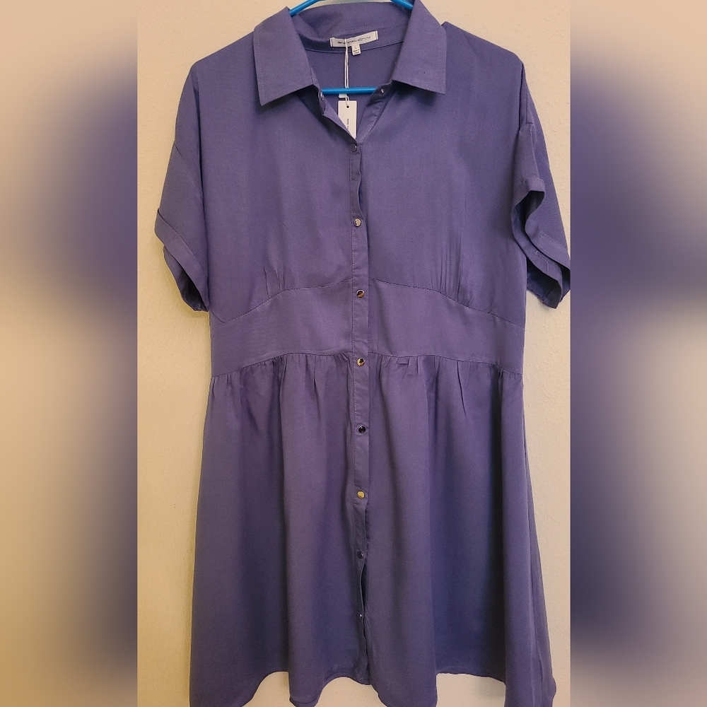 NWT Symphony Women's Light‎ Blue Short Sleeve Button Up Dress - Size Large